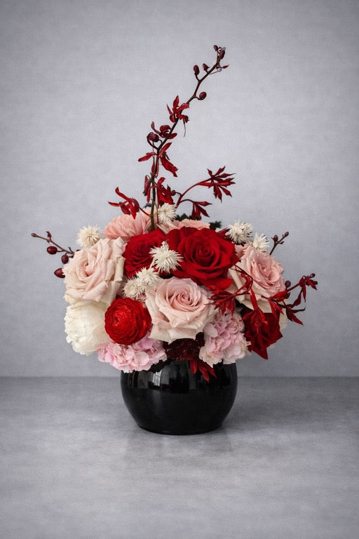 Red & Pink Roses, Hydrangeas, Orchid