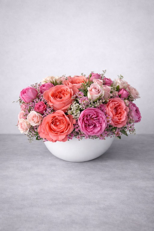 Romantic Garden Rose Boat Bowl Arrangement